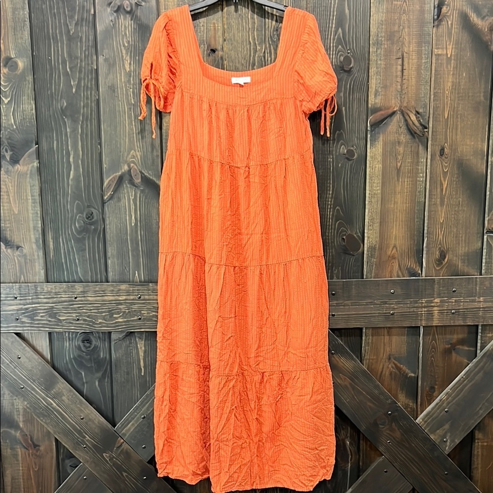 Emory Park Orange Seersucker Tiered Maxi Dress M Square Neck Boho Chic Textured